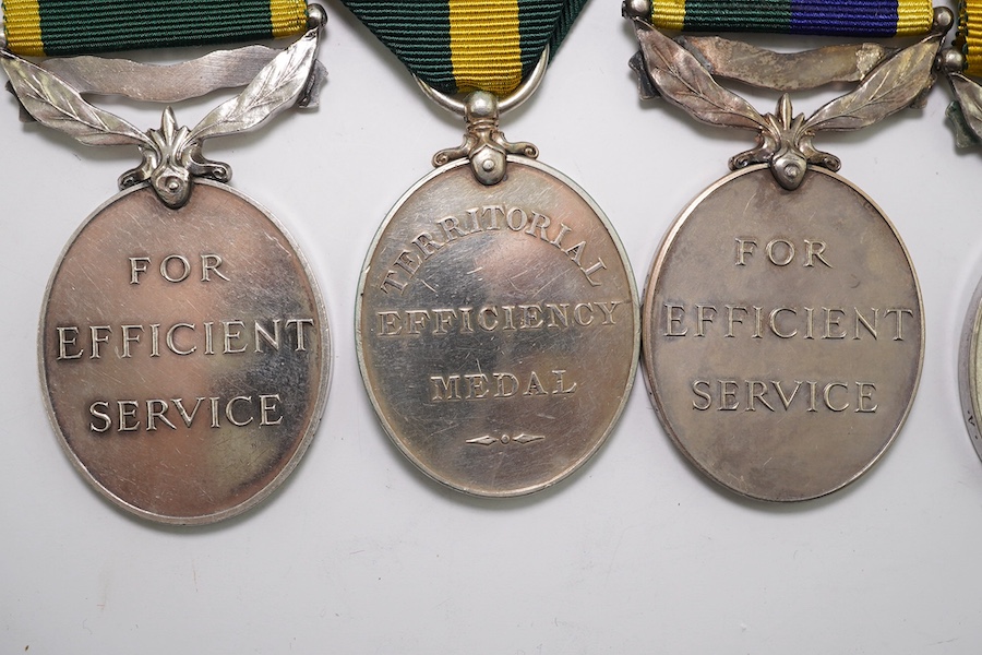 Six assorted Efficiency medals; GV (C) India to Pte.F.S.Slee,1 E.I.RY.R.,A.F.I.;GV (A) Territorial to 477046 Sjt H.W.Pawley, R.A.M.C.; GVI Militia to 2313197 Sclmn.S.H.Dummer, R.Signals.; GVI Territorial to 1434970 Gnr C